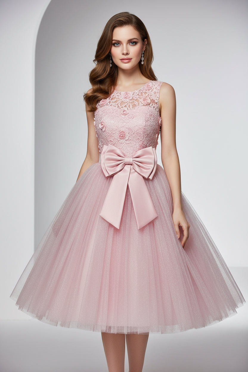 Pink dress with floral top and large bow on a white background