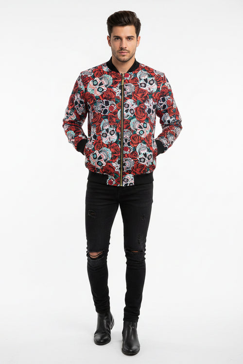 Jacket with skull and rose pattern on a white background