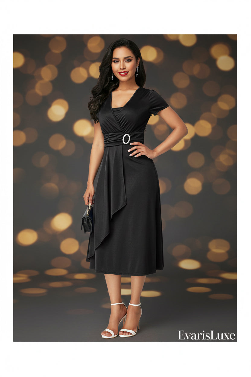 Black dress with a belt worn by a model on a white background