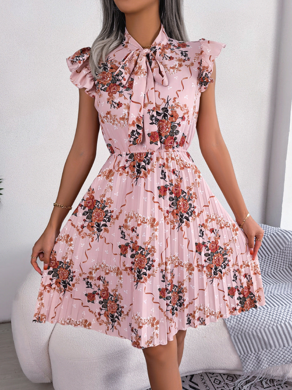 2024 Spring/Summer Floral Waist-Tie Pleated Skirt