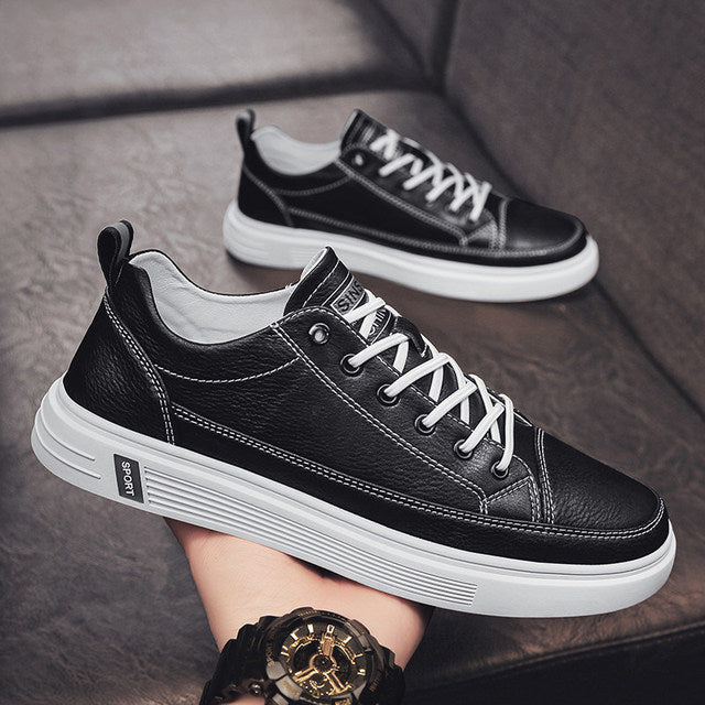 Men's Casual Low Top Breathable White Leather Sneakers
