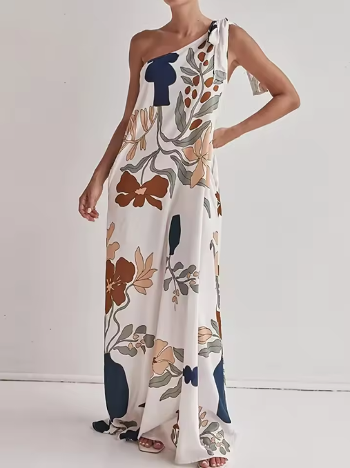 Oblique Shoulder Loose Printed Dress with Pocket – Summer Sleeveless Floral Dress (S–XL)