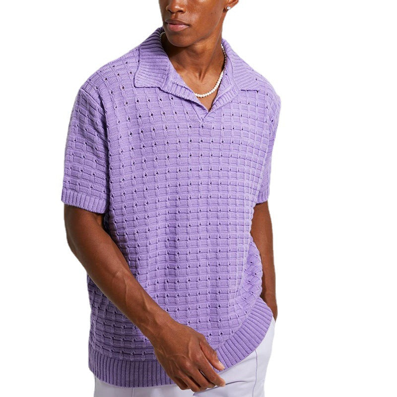 European Men's Casual V-Neck Knit Polo Shirt