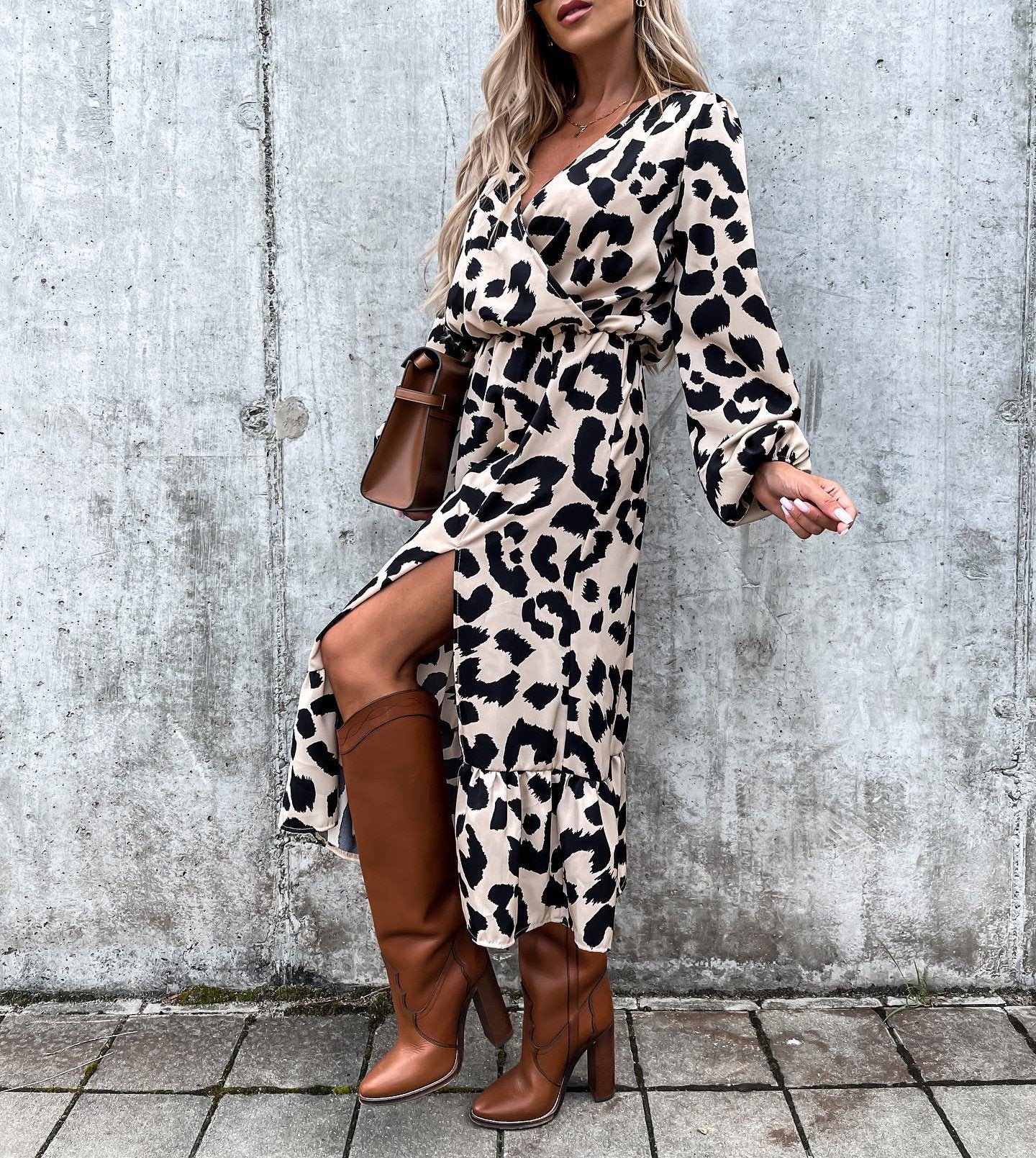 Leopard Print Long Sleeve Dress for Women