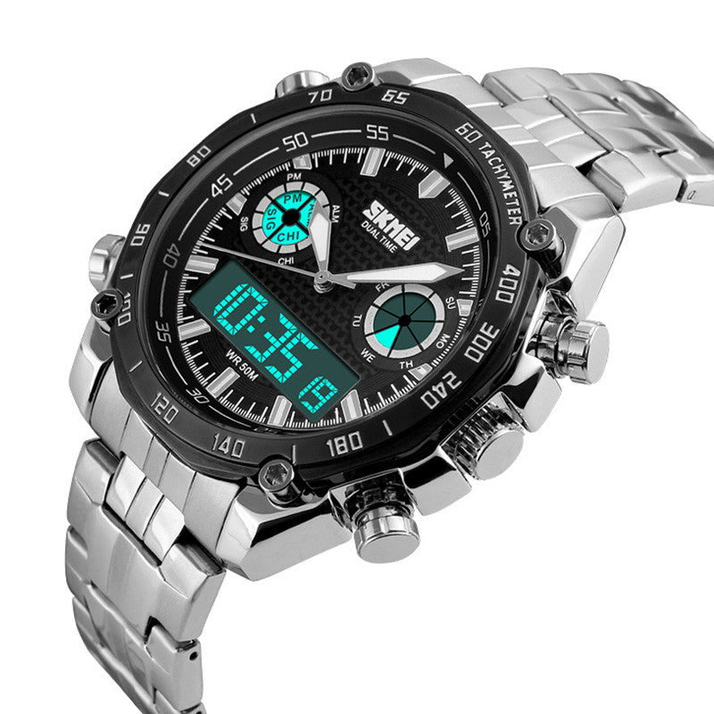 Large Dial Steel Band Men's Watch - Dual Display Business Watch