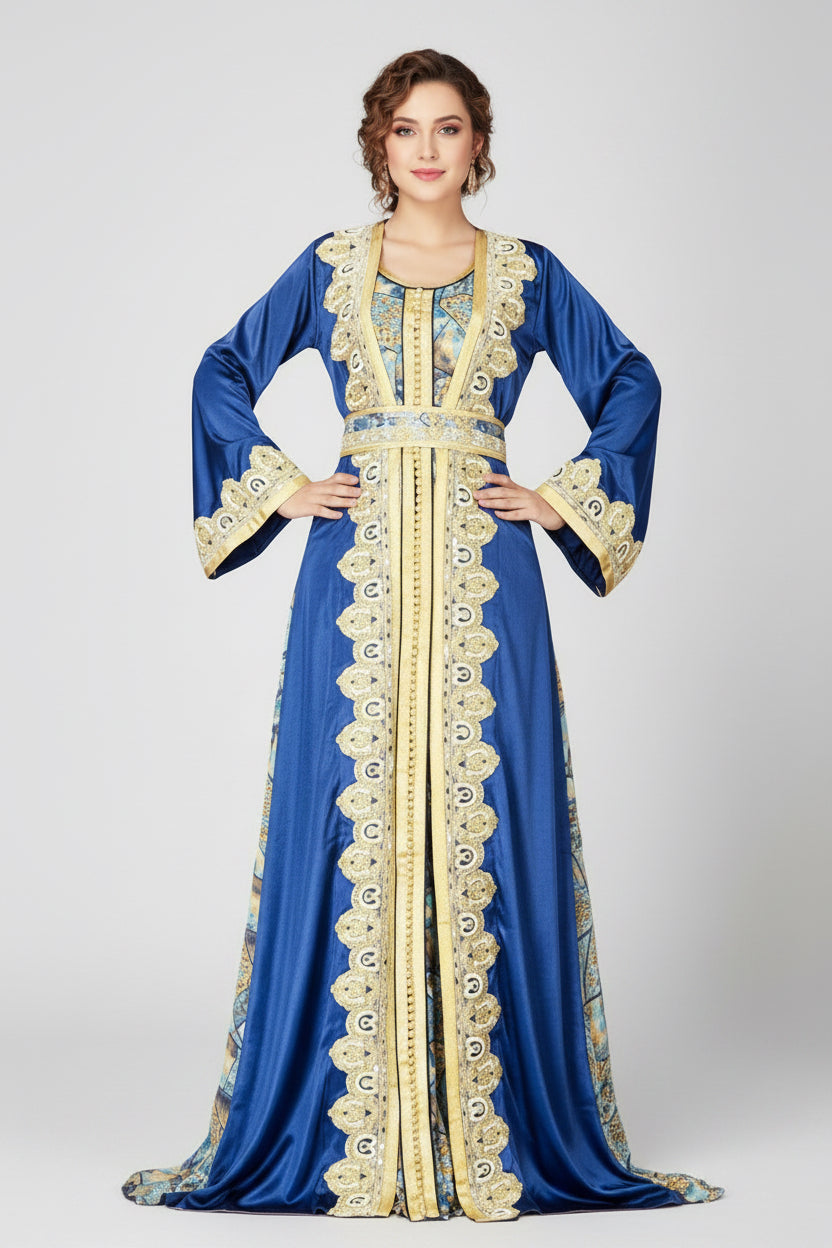 Blue dress with gold embroidery on a white background