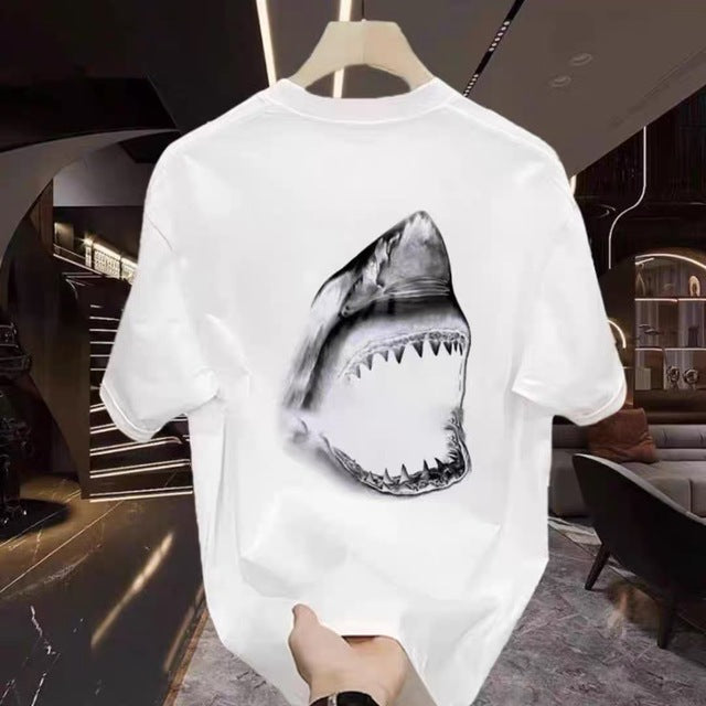 Shark Print Loose Cotton Short Sleeve T-Shirt for Men