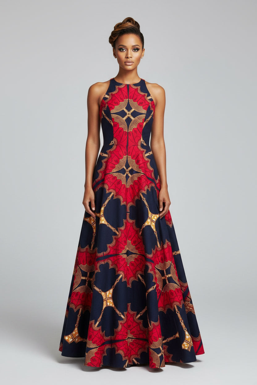Red and black patterned dress on a white background