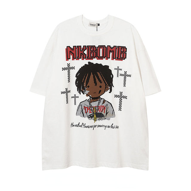 Korean Retro Cartoon Printed Hip Hop T-Shirt for Men