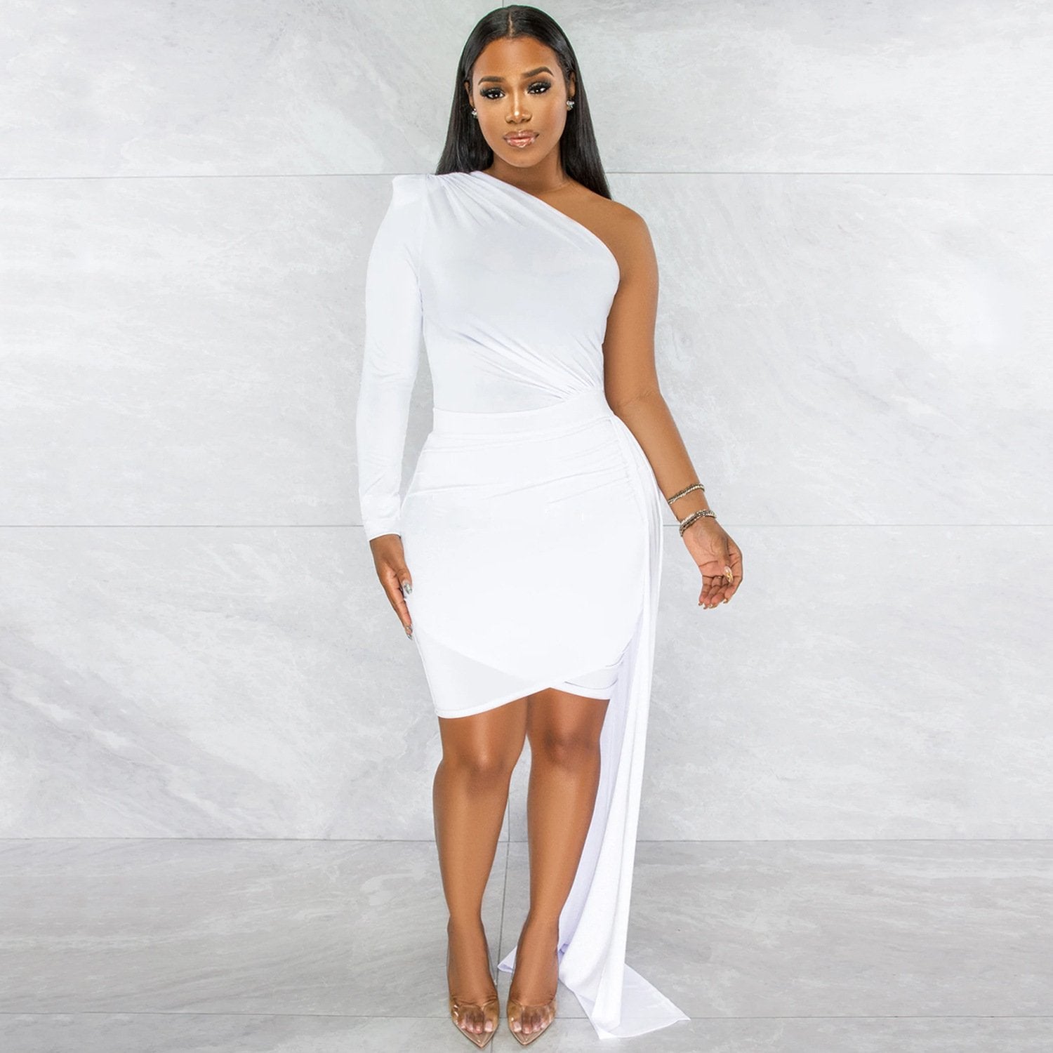 Pleated Slanted Shoulder Long Sleeve Dress for Women