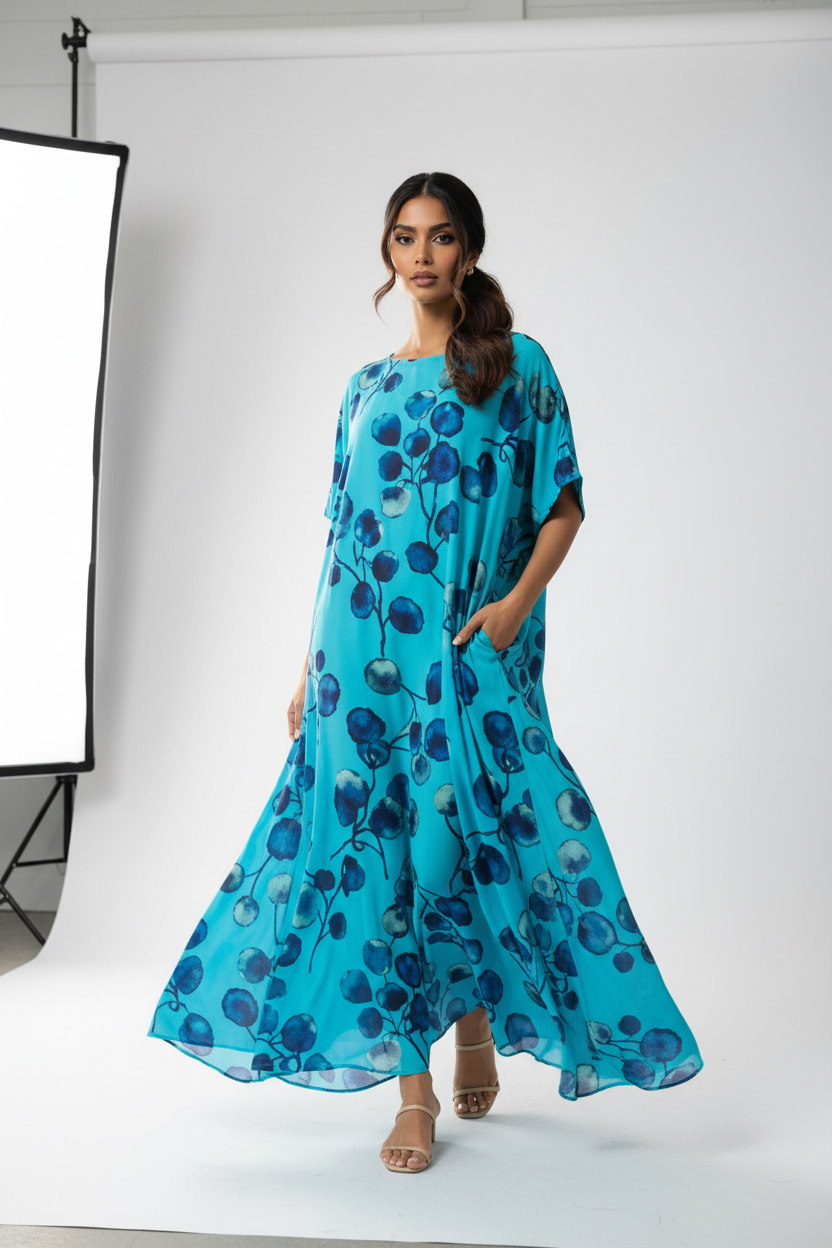 Blue dress with purple floral pattern on a plain background