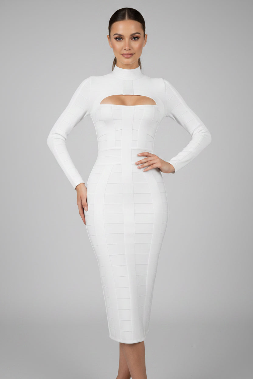 White long-sleeve dress with cut-out design on a white background