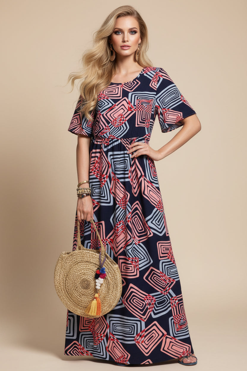 Woman wearing a patterned dress holding a straw bag against a wooden wall.