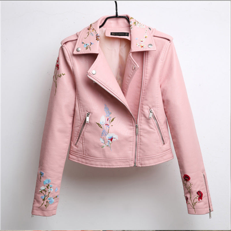 2018 Women's Korean Style Embroidered Leather Jacket