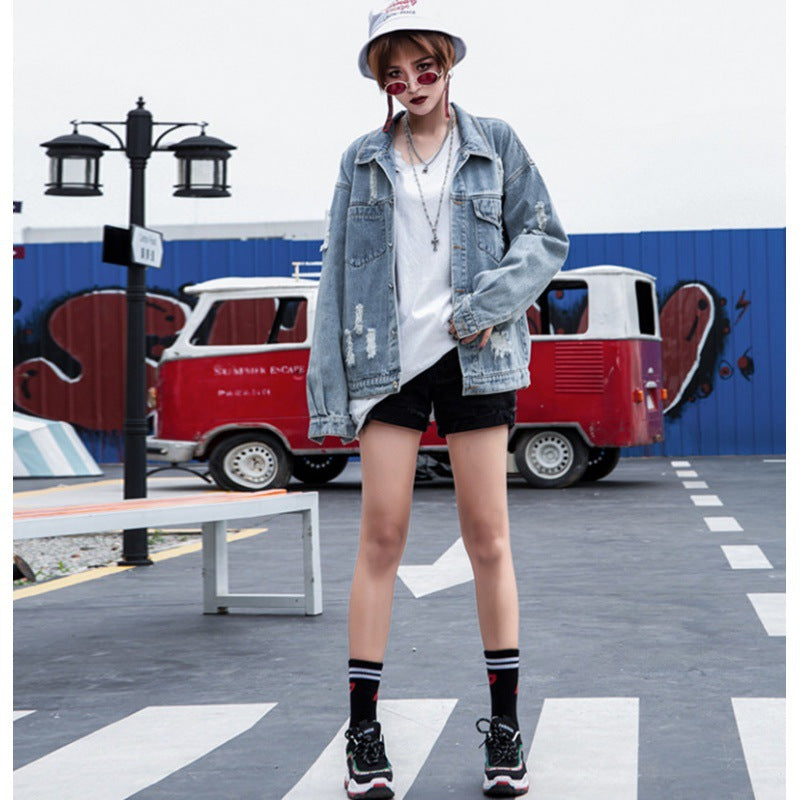 Vintage Floral Embroidery Ripped Denim Jacket for Women