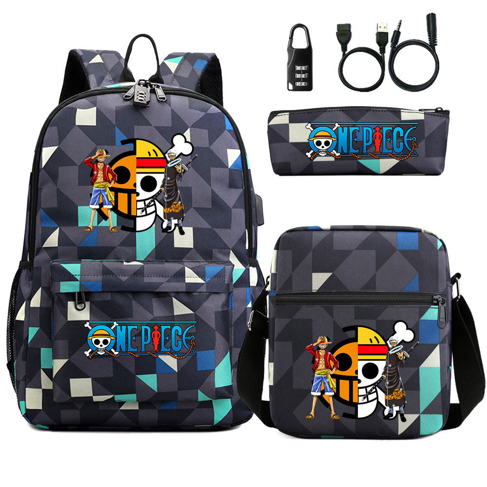Cartoon One Piece USB Password Lock Backpack Set