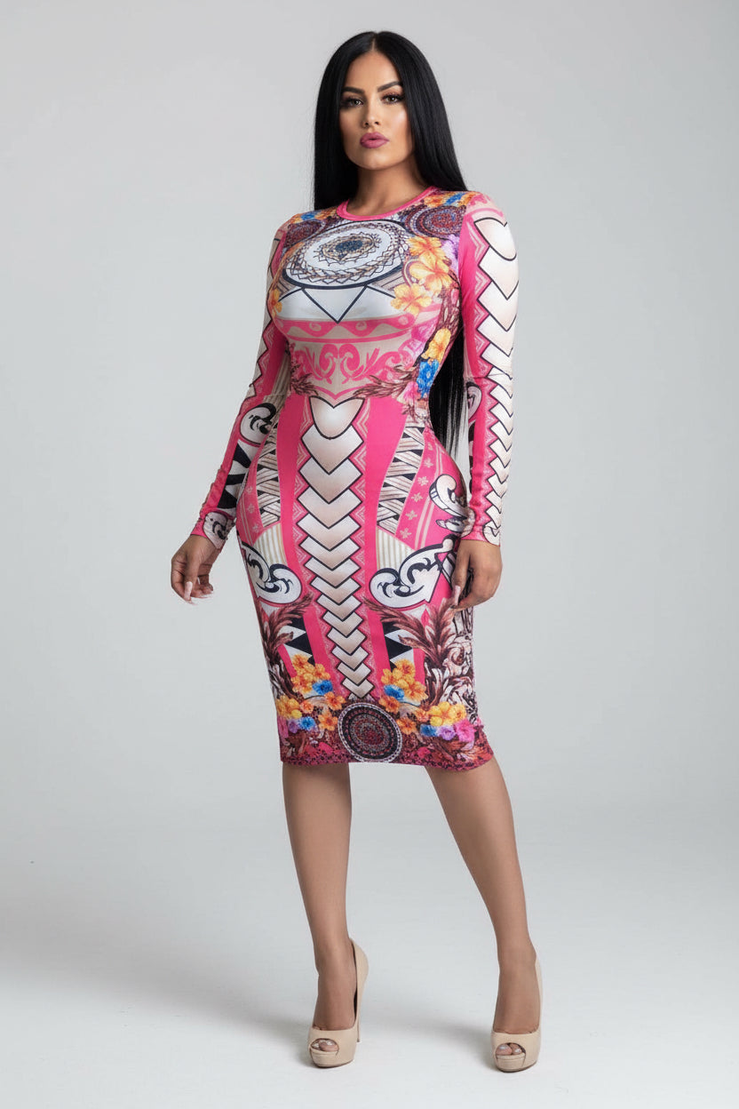 Woman wearing a colorful dress with abstract patterns on a white background
