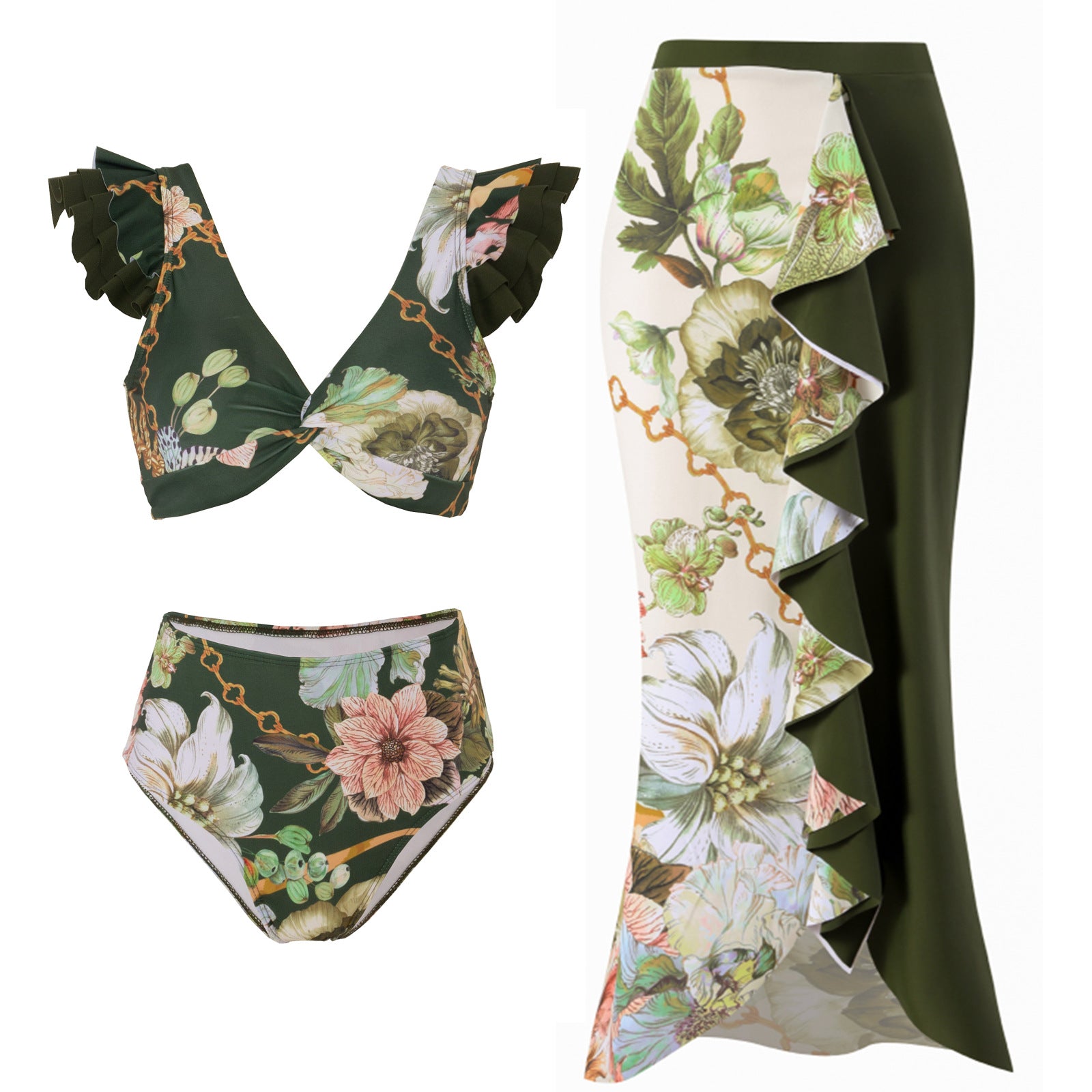 2023 Retro Three-Piece Swimsuit with Beach Skirt