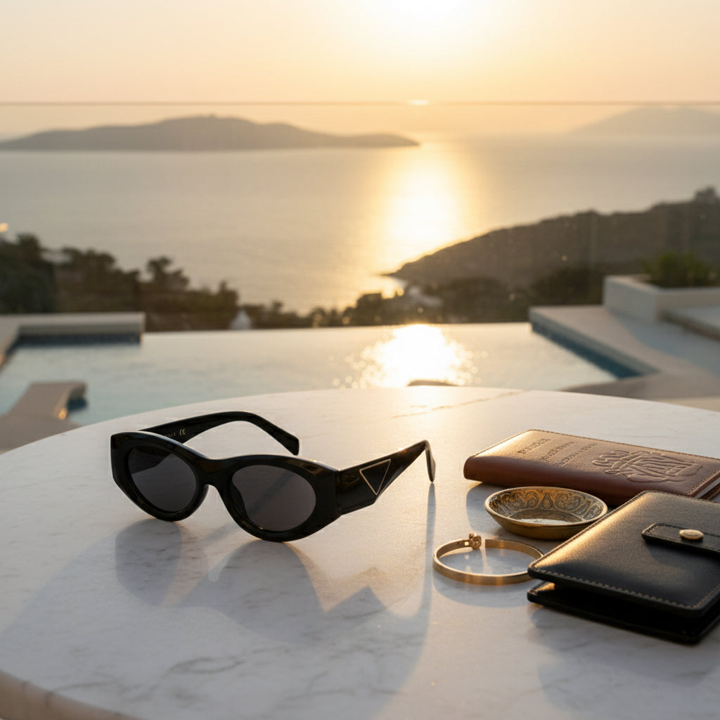 Black sunglasses with a triangle design on a light gray background