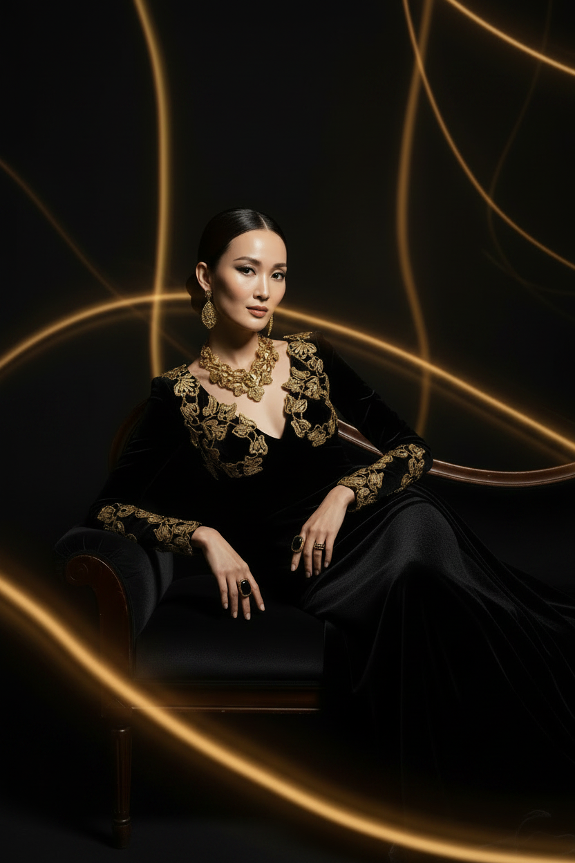 Woman in a black and gold dress sitting on a chair against a dark background