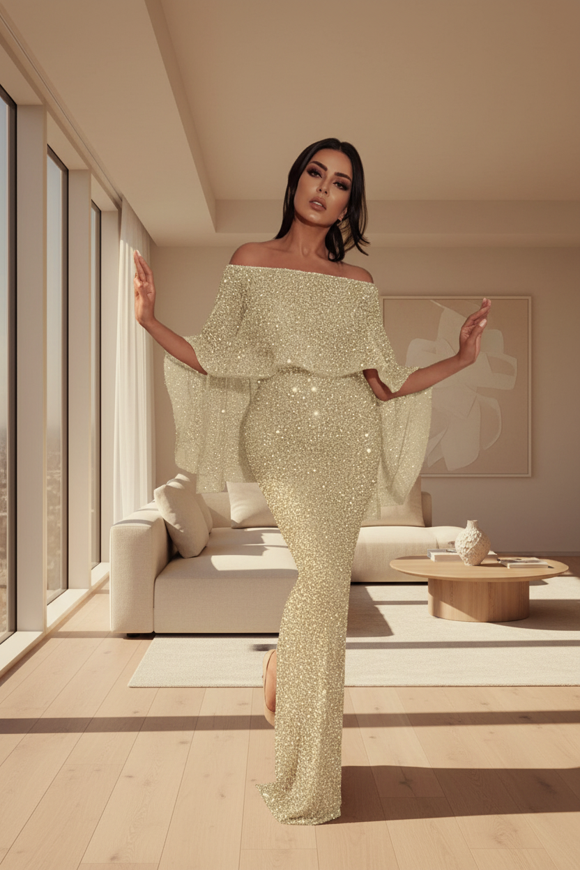 Gold off-shoulder dress with ruffled sleeves on a white background