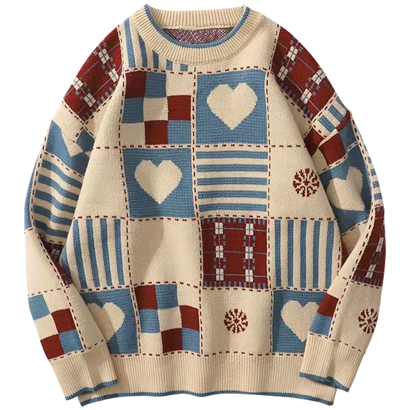 Vintage Hip Hop Love Knitted Cotton Sweater for Men