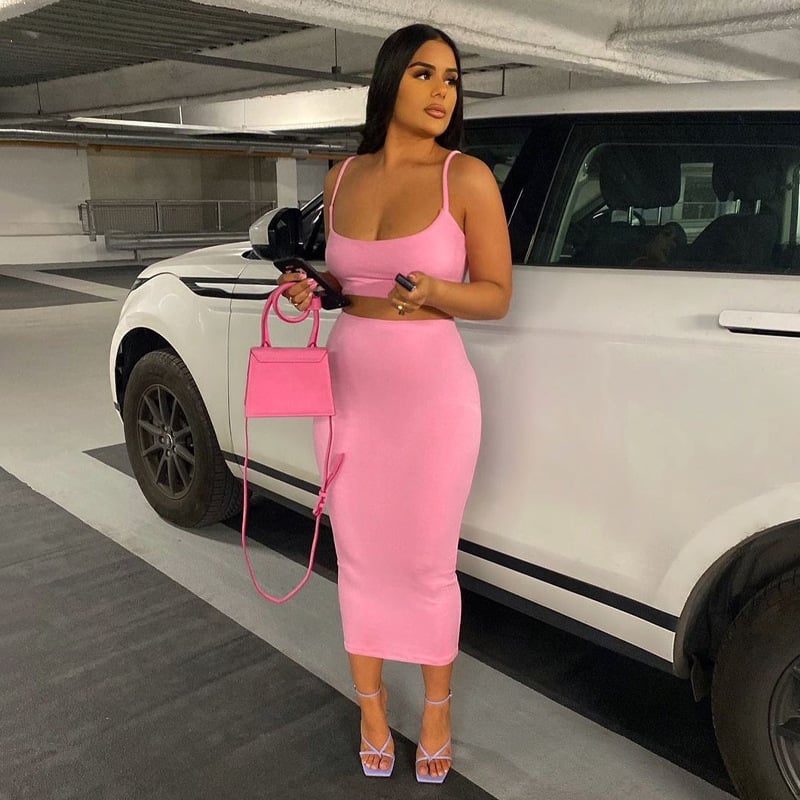 Two-piece Solid Color Sling Midi Skirt Set