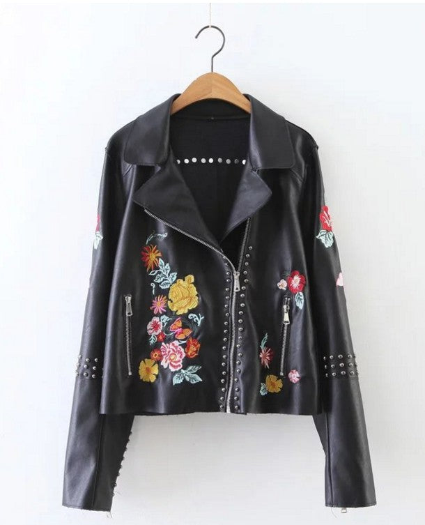 Autumn Winter New Embroidered Studded Leather Jacket
