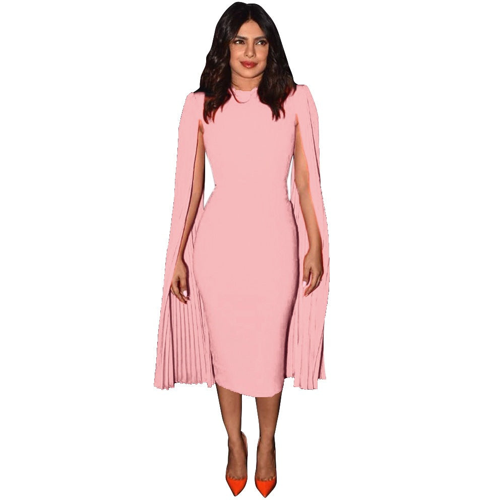 Elegant Solid Color Pencil Dress with Draped Cape