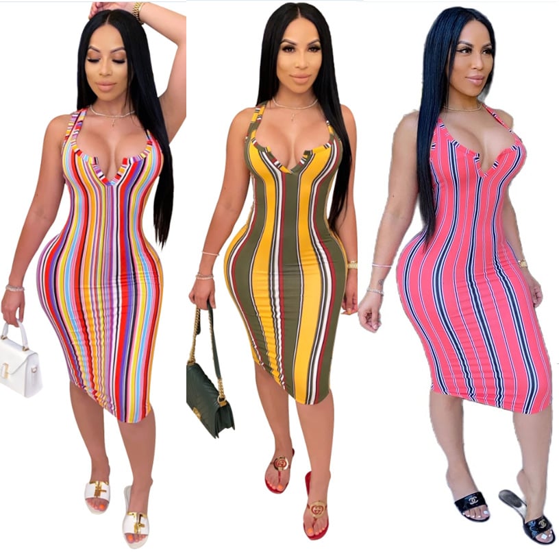 Evarisluxe Striped Print Tight Dress for Women