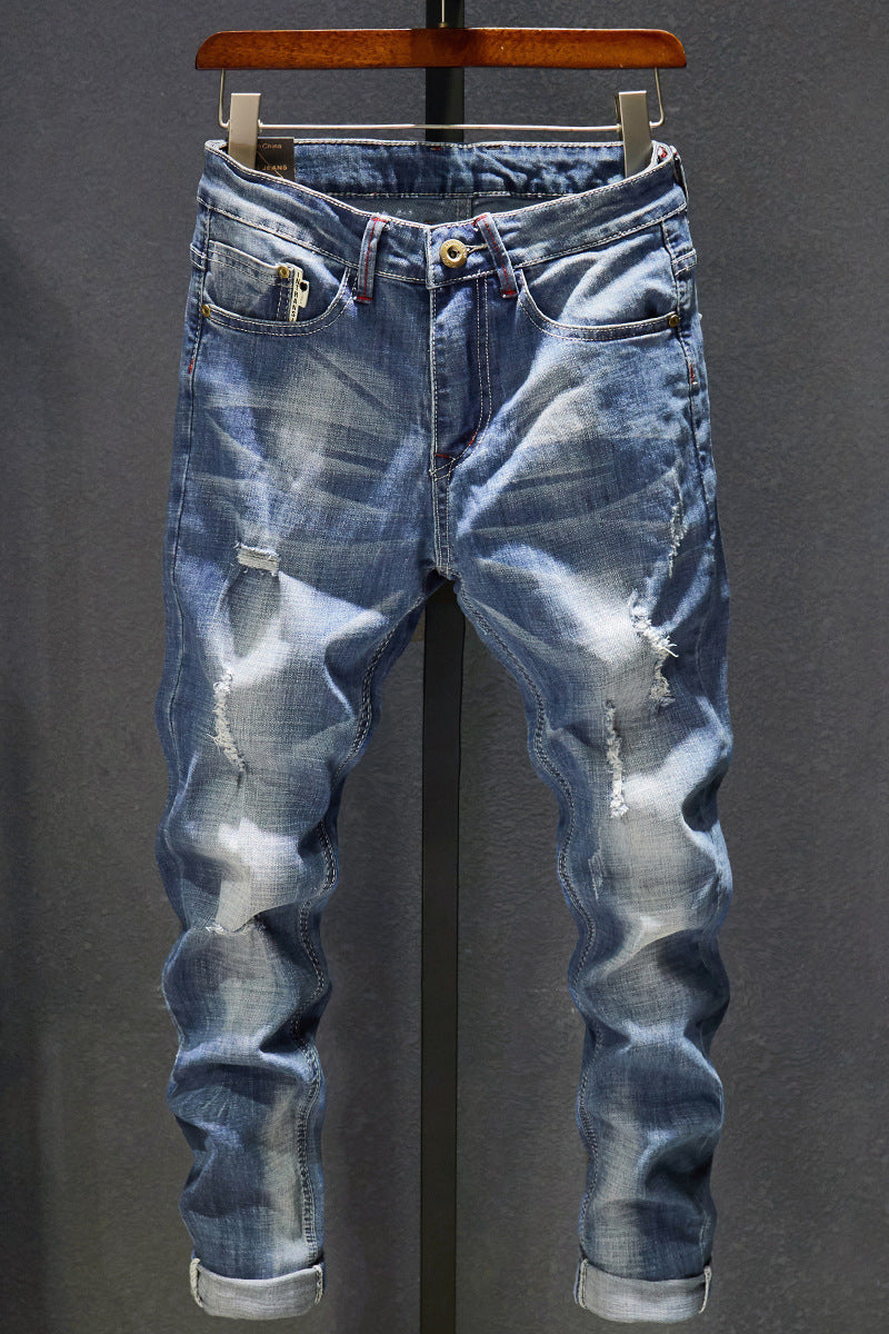 Light Blue Slim Fit Ripped Stretch Jeans for Men