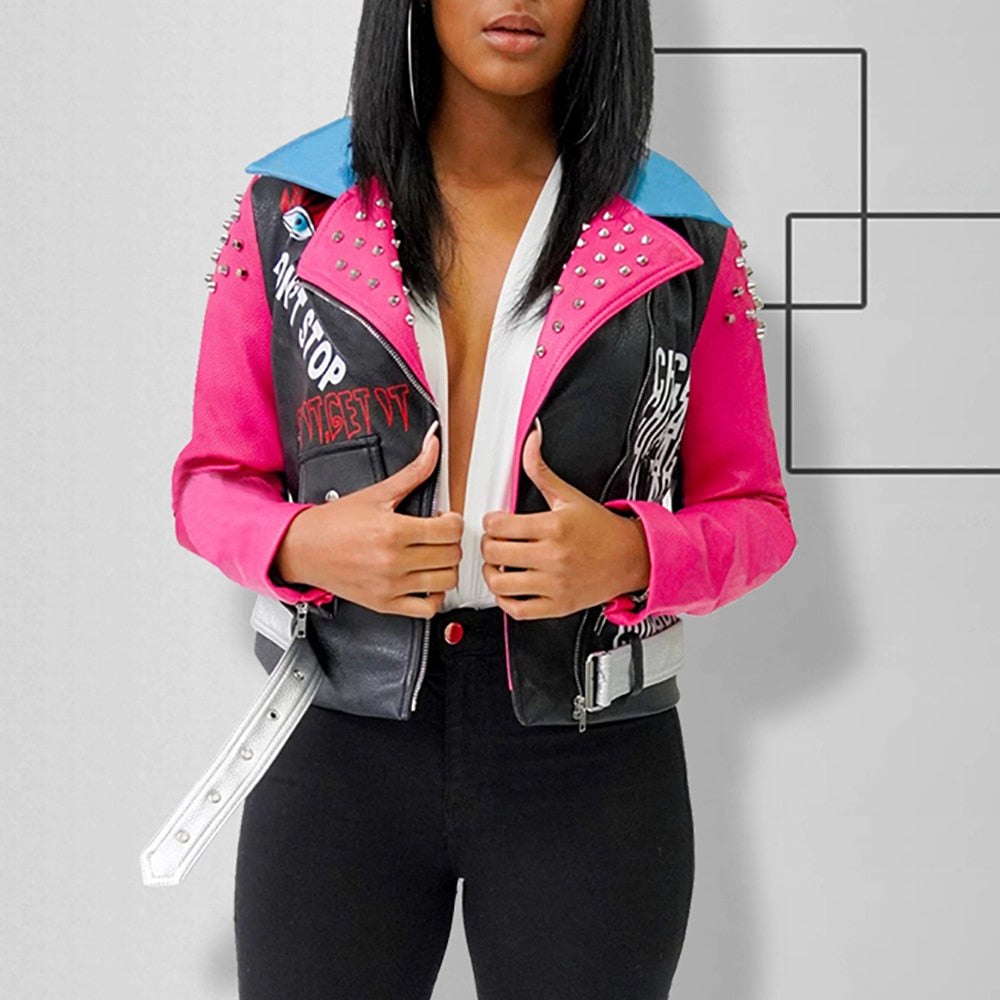 Trendy Color-blocked PU Leather Jacket for Women
