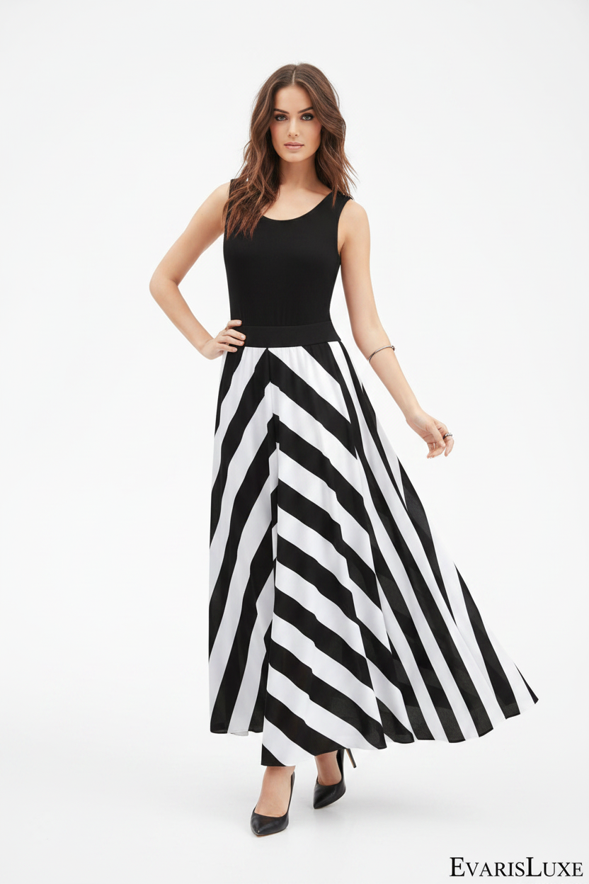 Black and white striped dress worn by a model on a white background