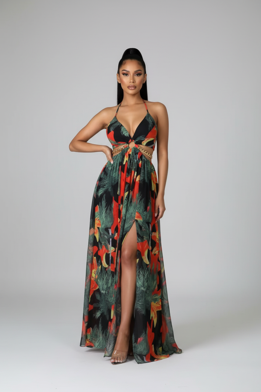 Woman wearing a colorful floral dress with a white paneled wall background