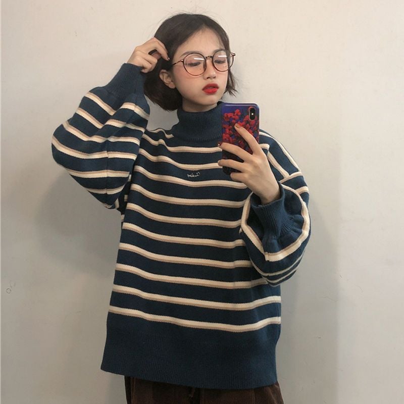 Women's Colorblock Striped Turtleneck Pullover Sweater