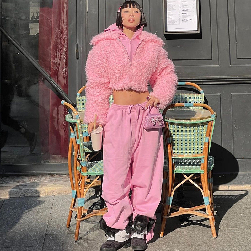 Pink Plush Thick Short Jacket for Women - Y2K Fashion