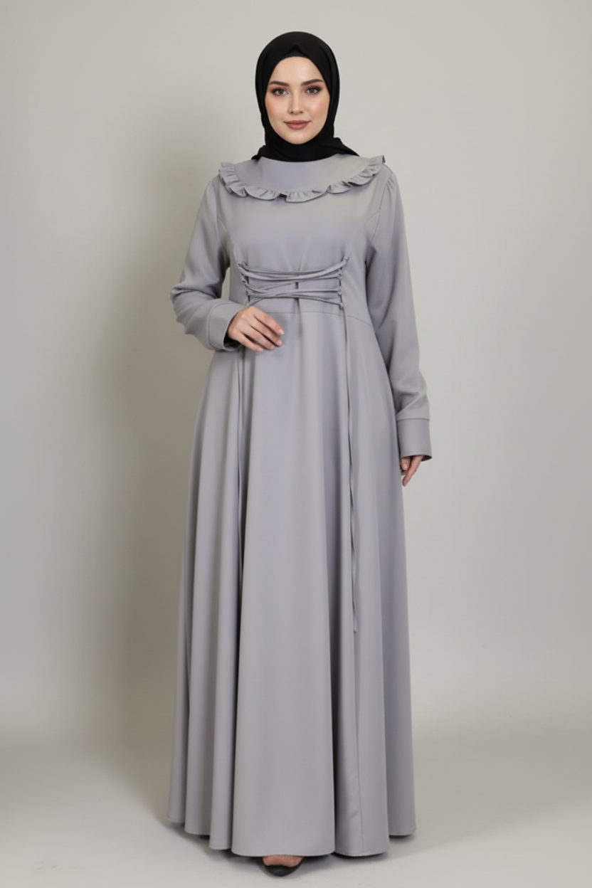 Gray dress with a ruffled collar on a white background