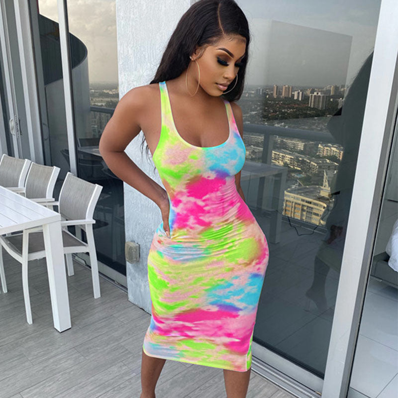 Rainbow Tie Dye Summer Skinny Dress for Women