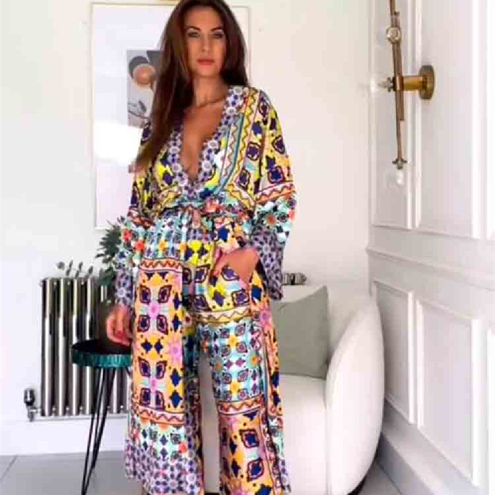 Printed Long Dress with Belt for Women