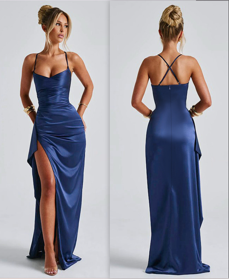 Backless Satin Slit Dress