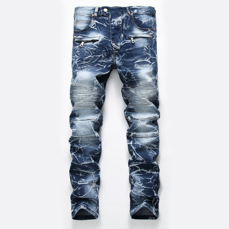Zippered Floral Motorcycle Denim Pants for Men