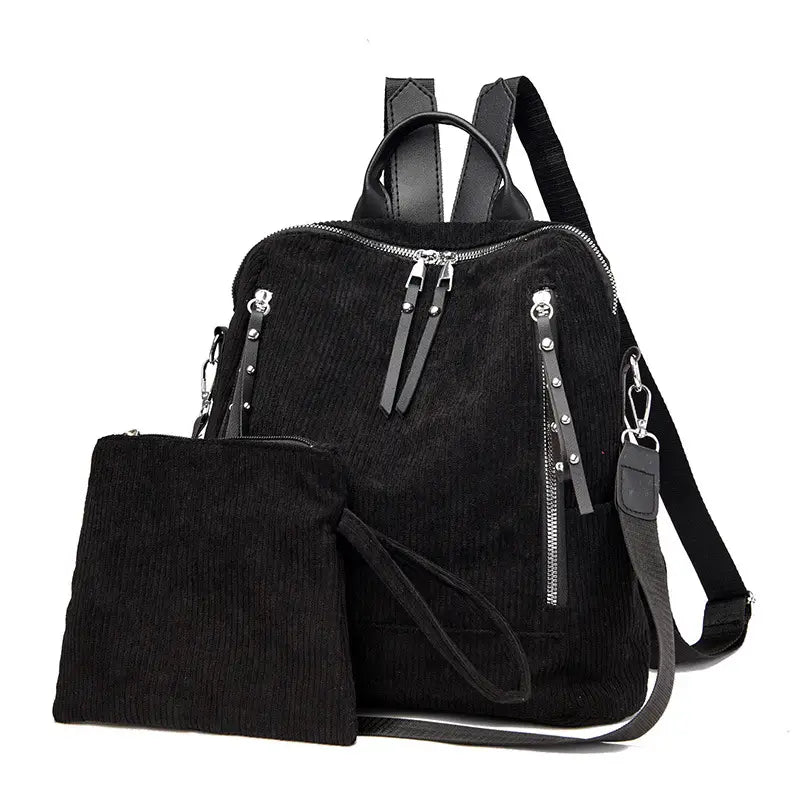 2-Piece Corduroy Backpack Set with Shoulder Bag & Clutch