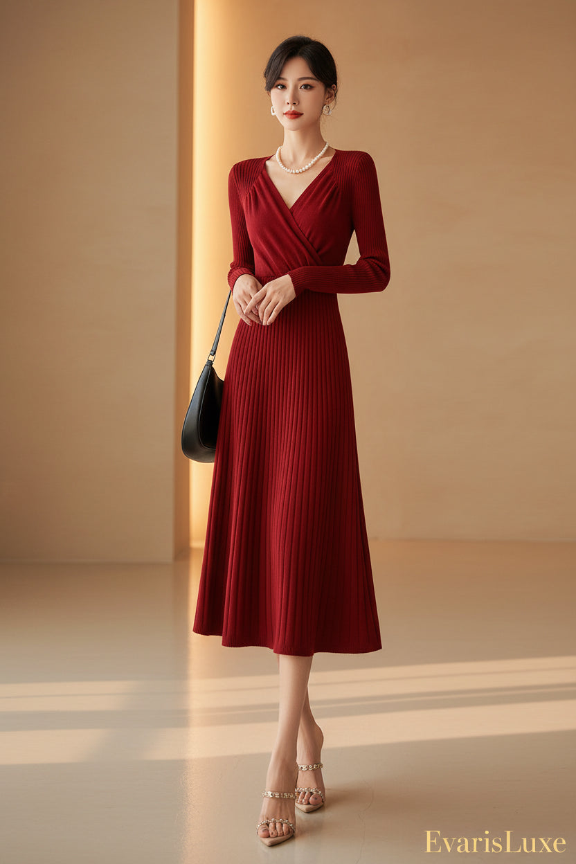 Woman in a red dress taking a mirror selfie in a room with curtains and a chair.
