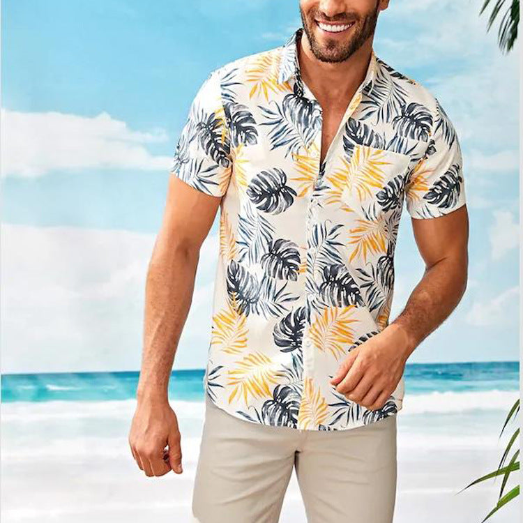 Tropical Leaf Retro Hawaiian Button-Up Shirt for Men