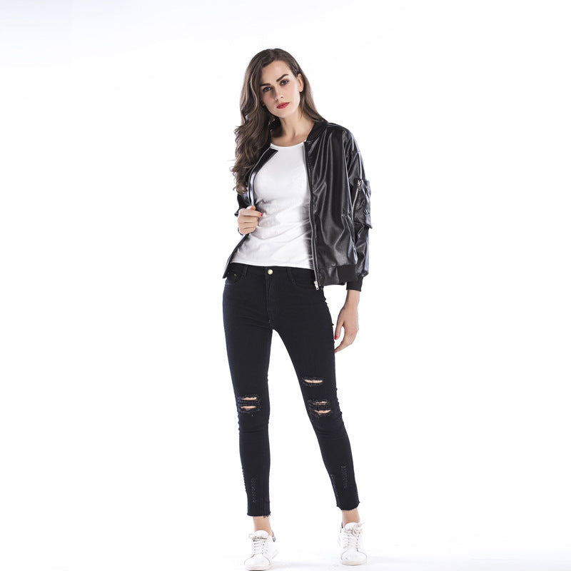 Women's Black Leather Jacket with Stand Collar