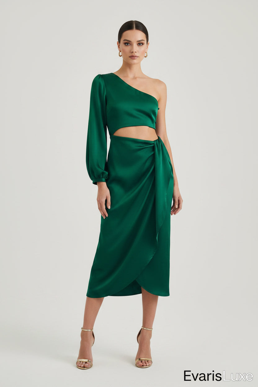 Green one-shoulder dress on a white background