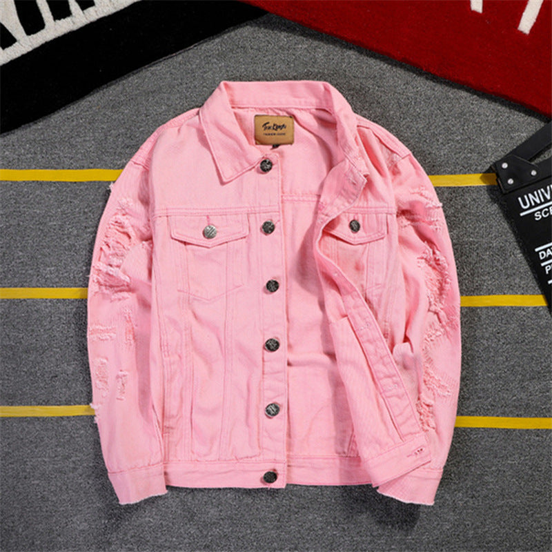 Stylish Pink Ripped Denim Jacket for Men