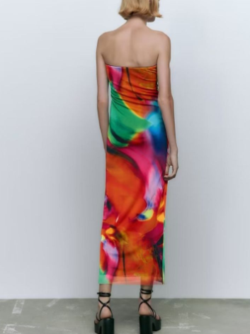 Slim-fit Printed Silk Bandeau Dress for Women