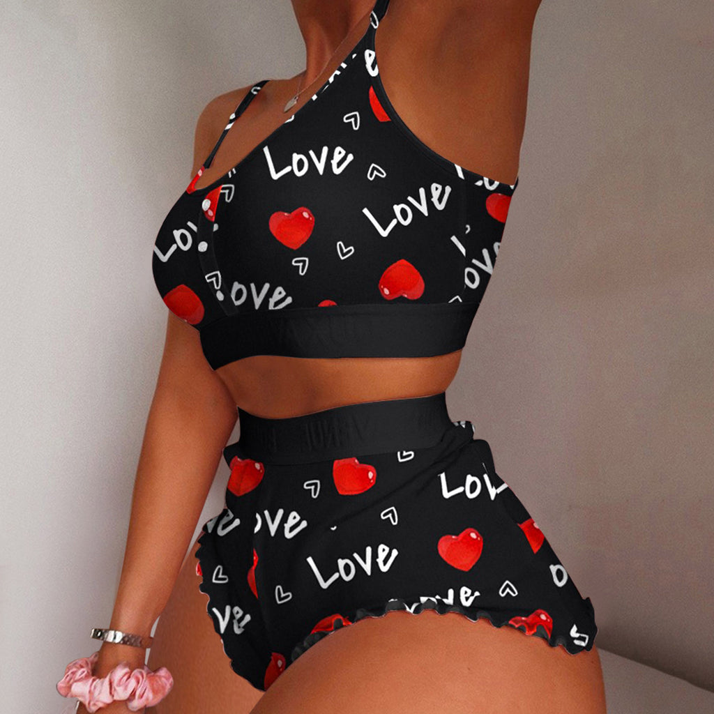 Heart Love Print Plus Size Summer Pajama Set for Women