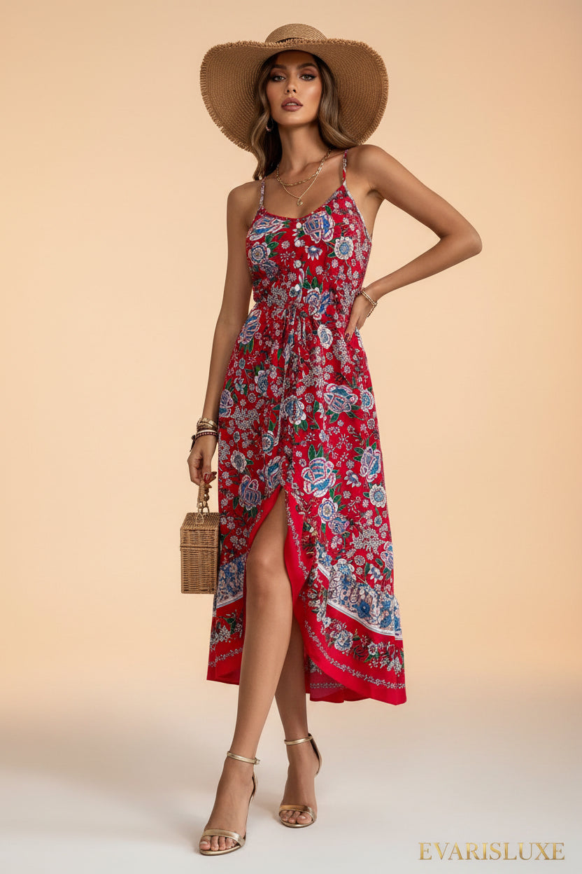 Woman wearing a red floral dress with a straw hat against a white wall.